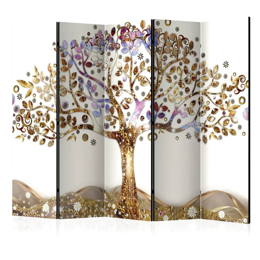 Paravent décoratif avec un arbre de vie doré et des feuilles colorées
