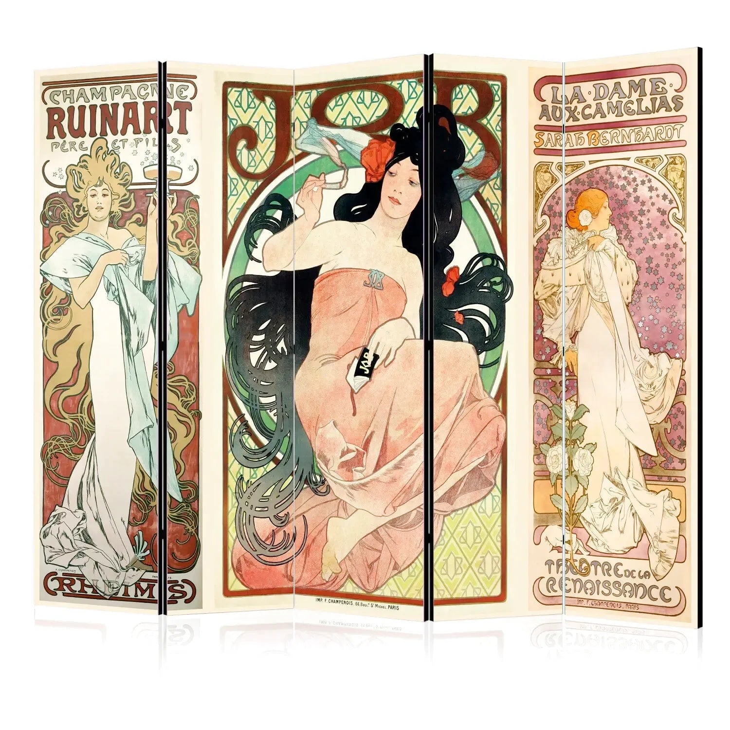 Grand paravent intérieur 5 panneaux affiches Art Nouveau style Mucha portraits féminins élégants tons pastel rose ivoire et vert séparateur de pièce décoratif style vintage Belle Époque pour salon