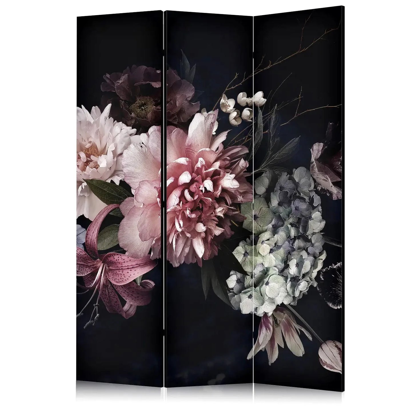 Paravent à trois panneaux avec un bouquet de fleurs sombres et romantiques