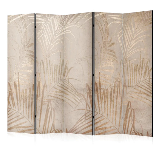 Paravent à cinq panneaux avec motif de feuilles de palmier dorées sur fond beige