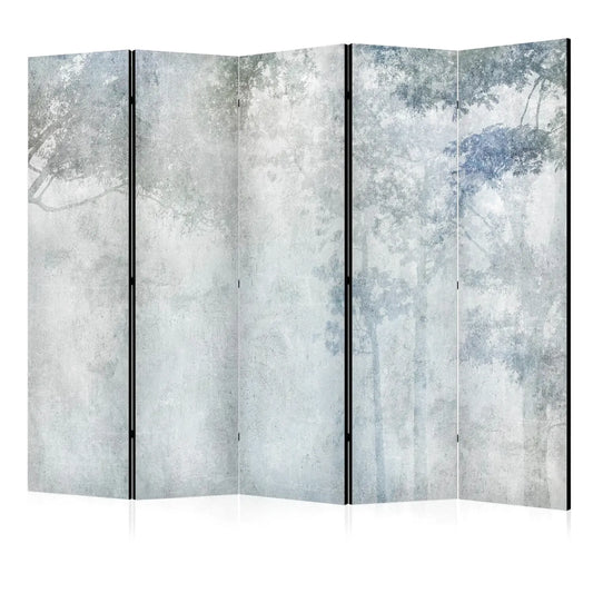 Paravent 5 panneaux motif arbres gris et bleu