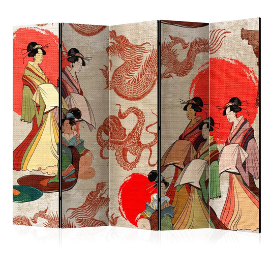 Paravent japonais avec des geishas et des dragons rouges sur fond beige et rouge