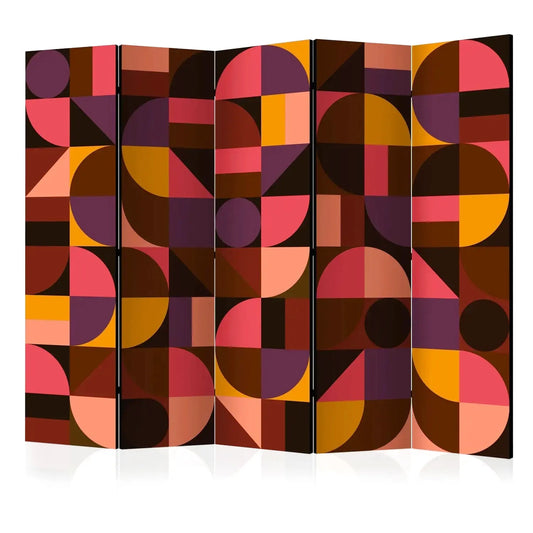 Paravent pliable à six panneaux avec motif géométrique de cercles et carrés en couleurs chaudes