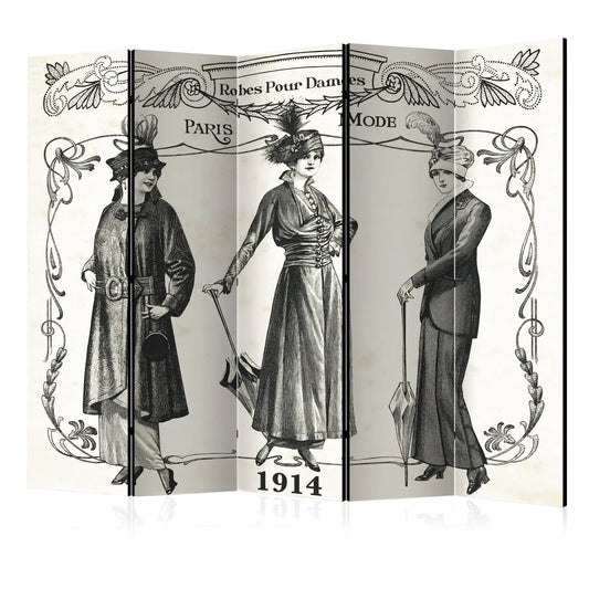 Paravent intérieur 5 panneaux gravure mode parisienne vintage 1914 robes pour dames noir et blanc style Belle Époque fond ivoire séparateur de pièce élégant et décoratif pour salon ou bureau
