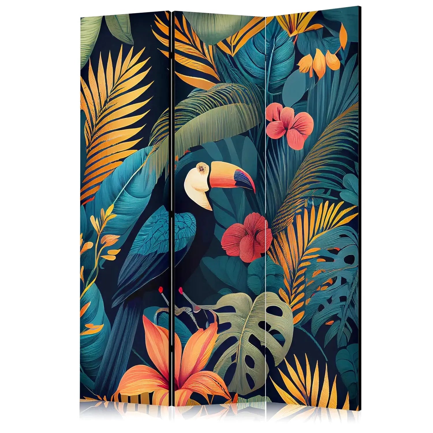 Petit paravent intérieur pliable 3 panneaux décoration jungle tropicale – toucan, feuilles de palmier, monstera et fleurs exotiques corail sur fond bleu nuit, idéal pour chambre ou salon