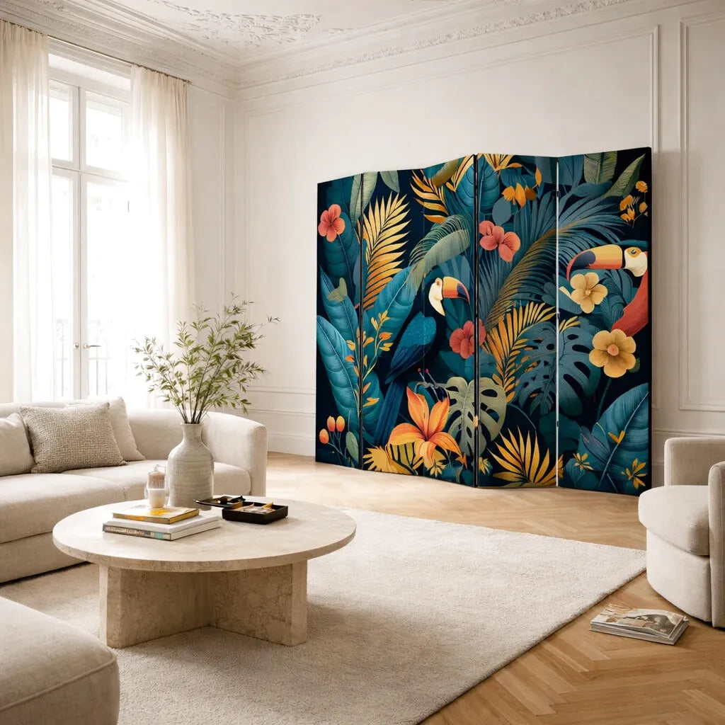 Paravent tropical avec des toucans, des feuilles de palmier et des fleurs dans un salon moderne