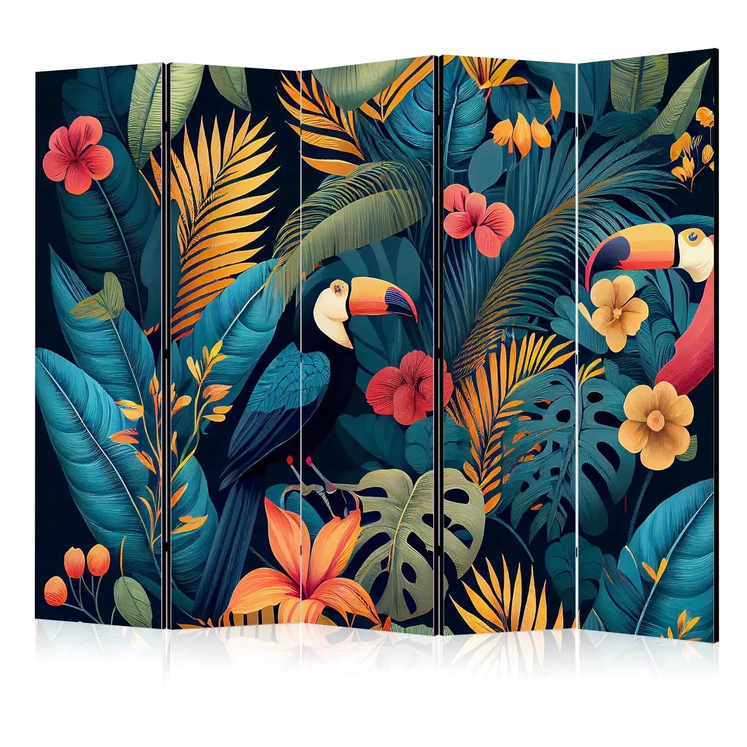 Paravent intérieur 5 panneaux motif jungle tropicale avec toucans, feuilles de monstera et palmier, fleurs hibiscus et lys orangés sur fond sombre bleu nuit – séparateur de pièce décoratif style exotique