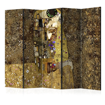Paravent Le Baiser de Klimt, motif doré et marron avec des fleurs blanches et roses