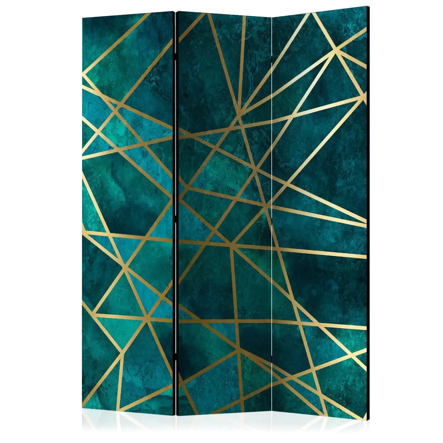 Paravent à trois panneaux vert sarcelle et or avec motif géométrique