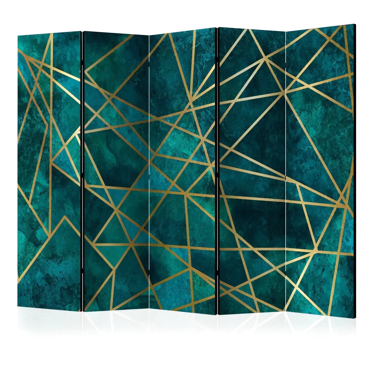 Paravent à 5 panneaux, motif géométrique or sur fond vert sarcelle et bleu