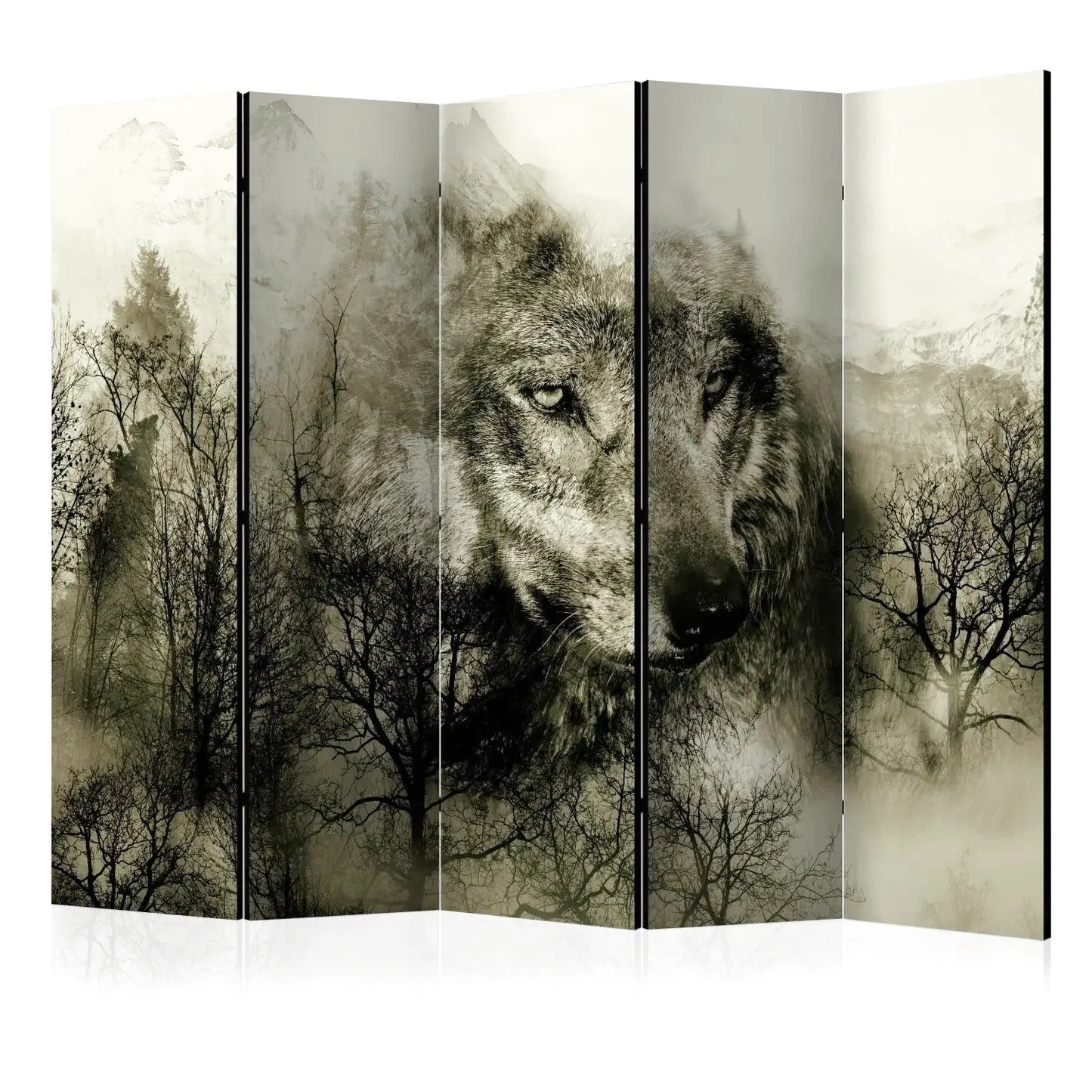 Paravent à cinq panneaux avec un loup au centre, des arbres sombres et des montagnes enneigées en arrière-plan