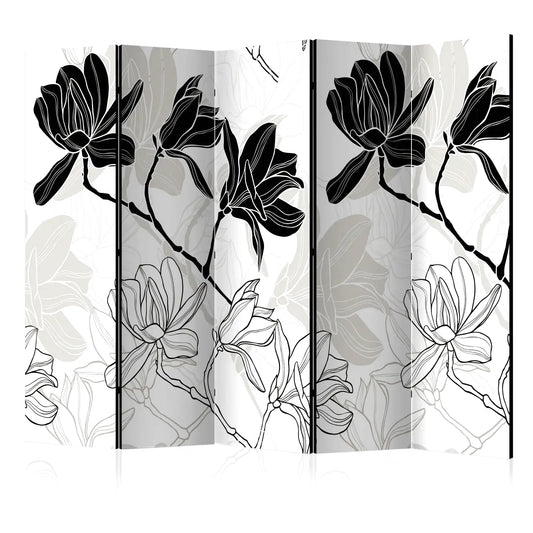 Paravent noir et blanc avec motif de fleurs de magnolia