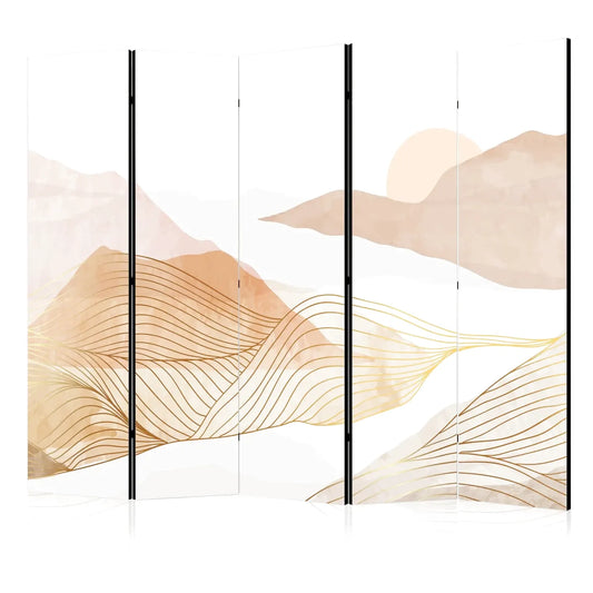 Paravent 5 panneaux avec motif de montagnes abstraites et soleil, lignes dorées ondulées
