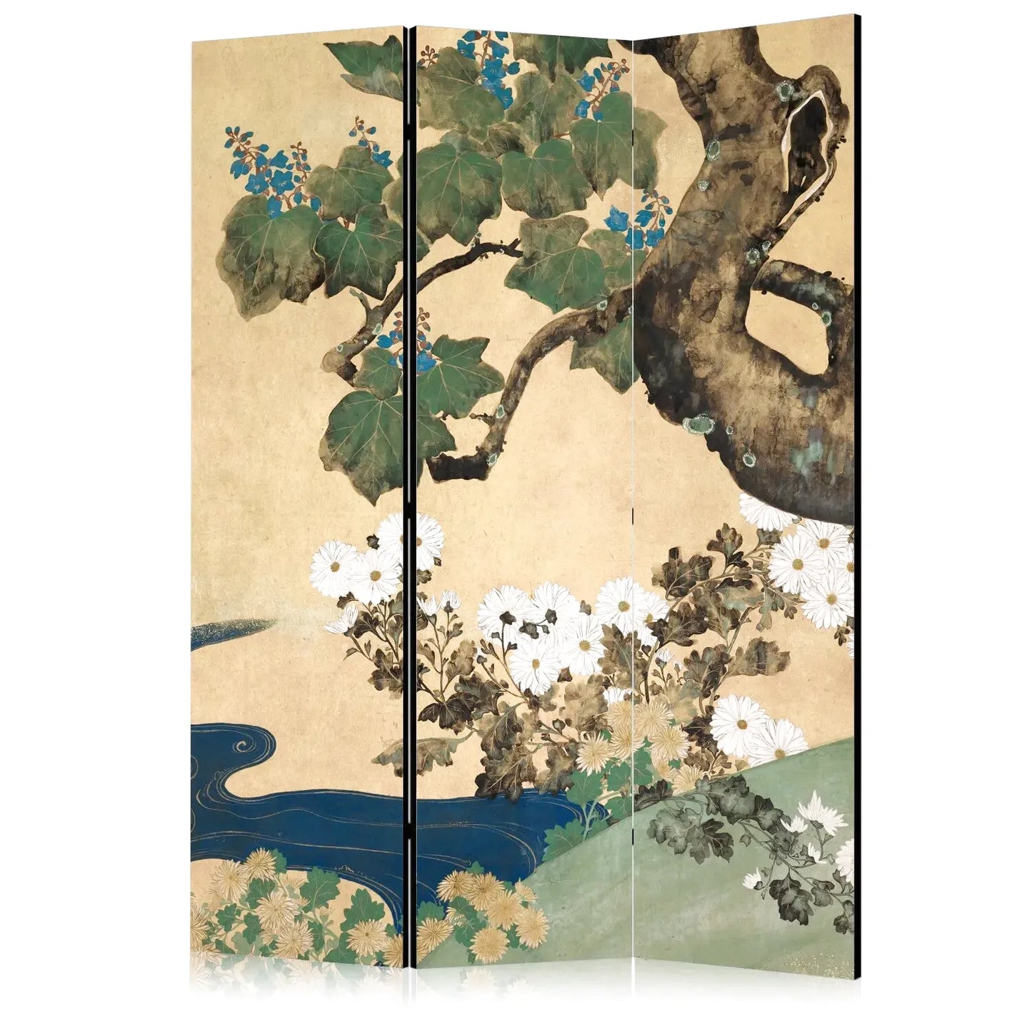 Paravent à trois panneaux avec un arbre, des fleurs bleues, des chrysanthèmes blancs et un ruisseau