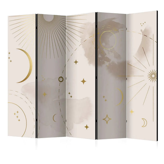 Paravent beige avec motifs dorés de soleil, lune et étoiles