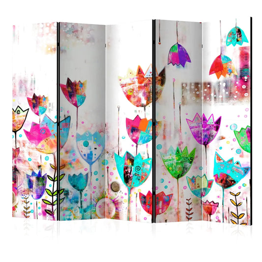 Paravent coloré avec des motifs de tulipes abstraites et des points sur fond blanc