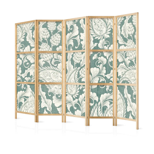 Paravent en bois clair avec motif floral vert et crème