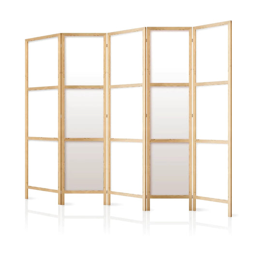 Paravent en bois clair avec cinq panneaux et des inserts blancs