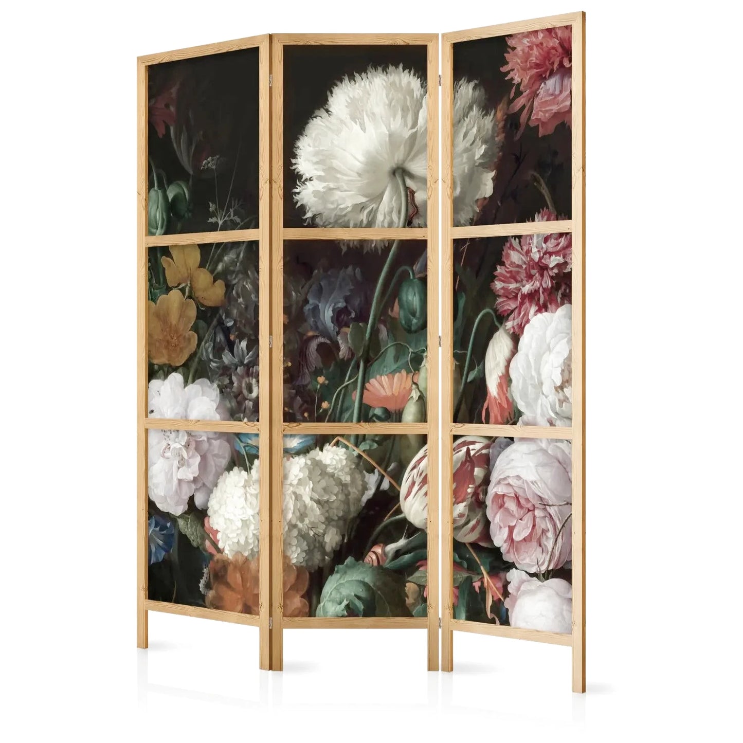 Paravent Japonais - Bouquet Floral Pivoines Roses Blanches sur Fond Noir - NŌEN