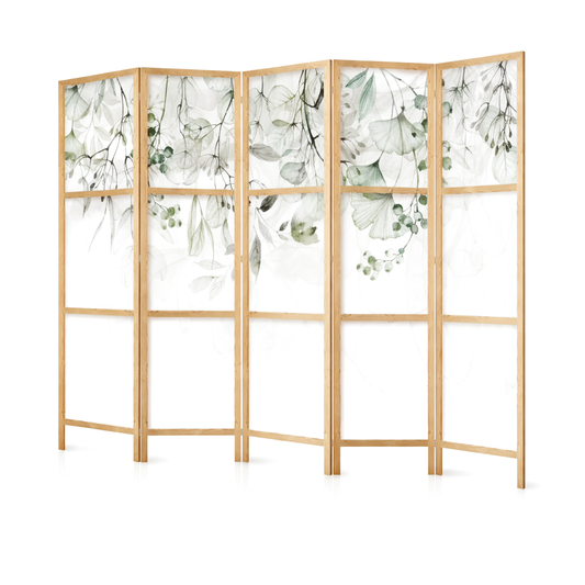 Paravent en bois clair avec cinq panneaux, orn

es de motifs de feuilles vertes et grises sur fond blanc