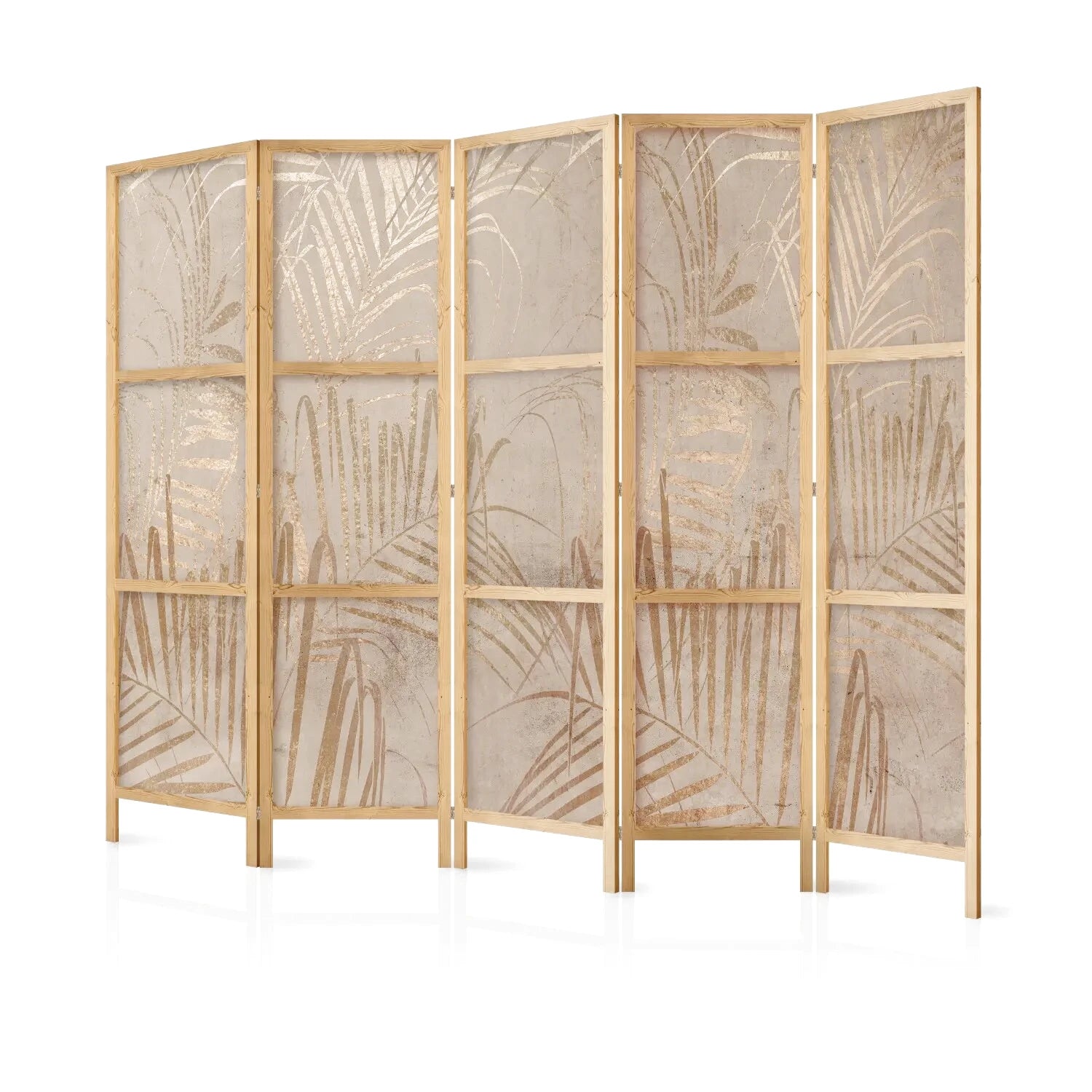 Paravent en bois clair avec cinq panneaux, motif de feuilles de palmier dorées sur fond beige
