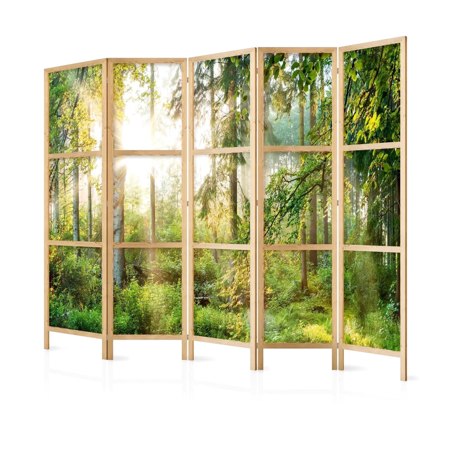 Paravent en bois avec un motif de forêt ensoleillée