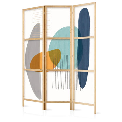 Paravent en bois clair avec trois panneaux, motifs abstraits color
u00e9s