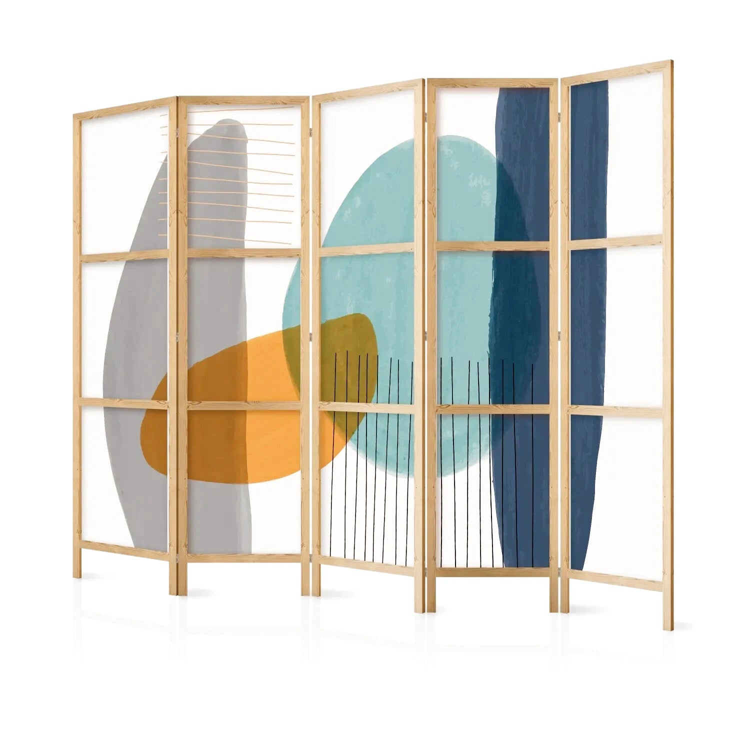 Paravent en bois clair avec motifs abstraits gris, orange, turquoise et bleu