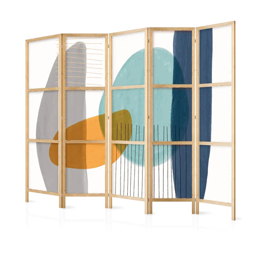 Paravent en bois clair avec motifs abstraits gris, orange, turquoise et bleu