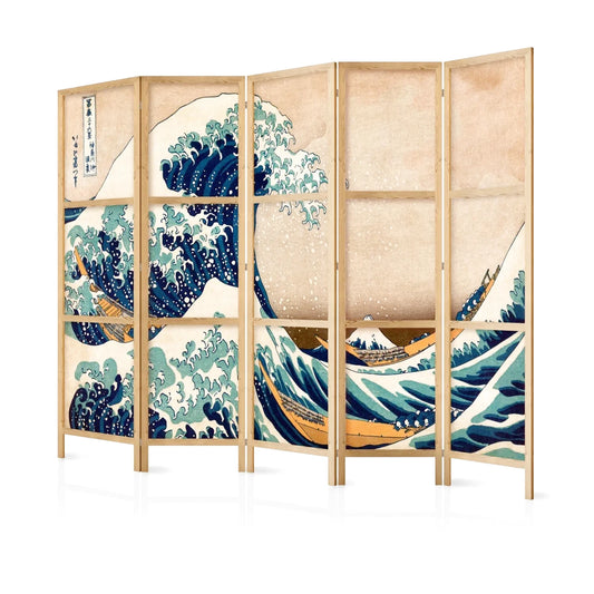 Paravent en bois avec l'estampe La Grande Vague de Kanagawa