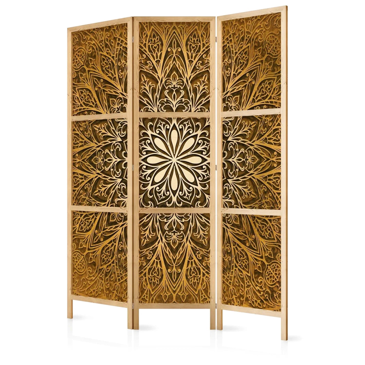 Paravent en bois à trois panneaux avec motifs floraux découpés au laser
