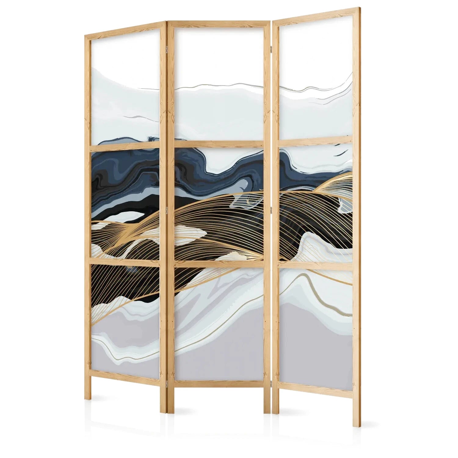 Paravent en bois à trois panneaux avec motif abstrait de vagues bleues, grises et dorées
