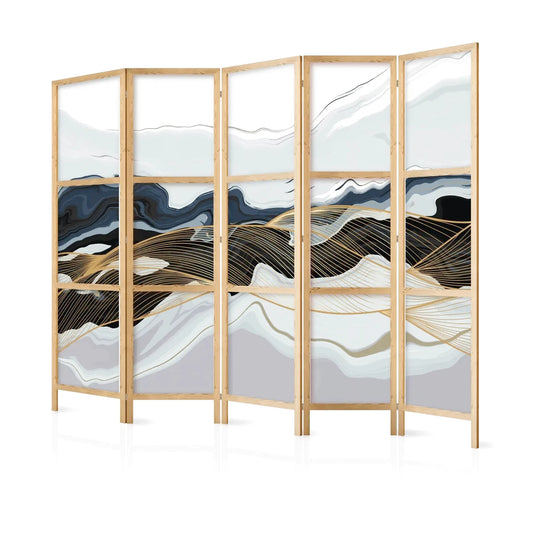 Paravent en bois clair avec cinq panneaux, motif abstrait de vagues bleues, grises et or